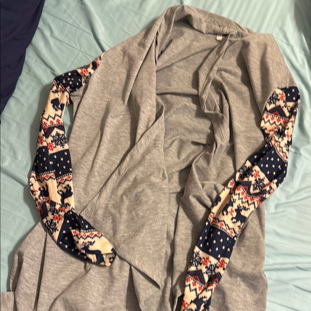 Gray Cardigan with Patterned Sleeves